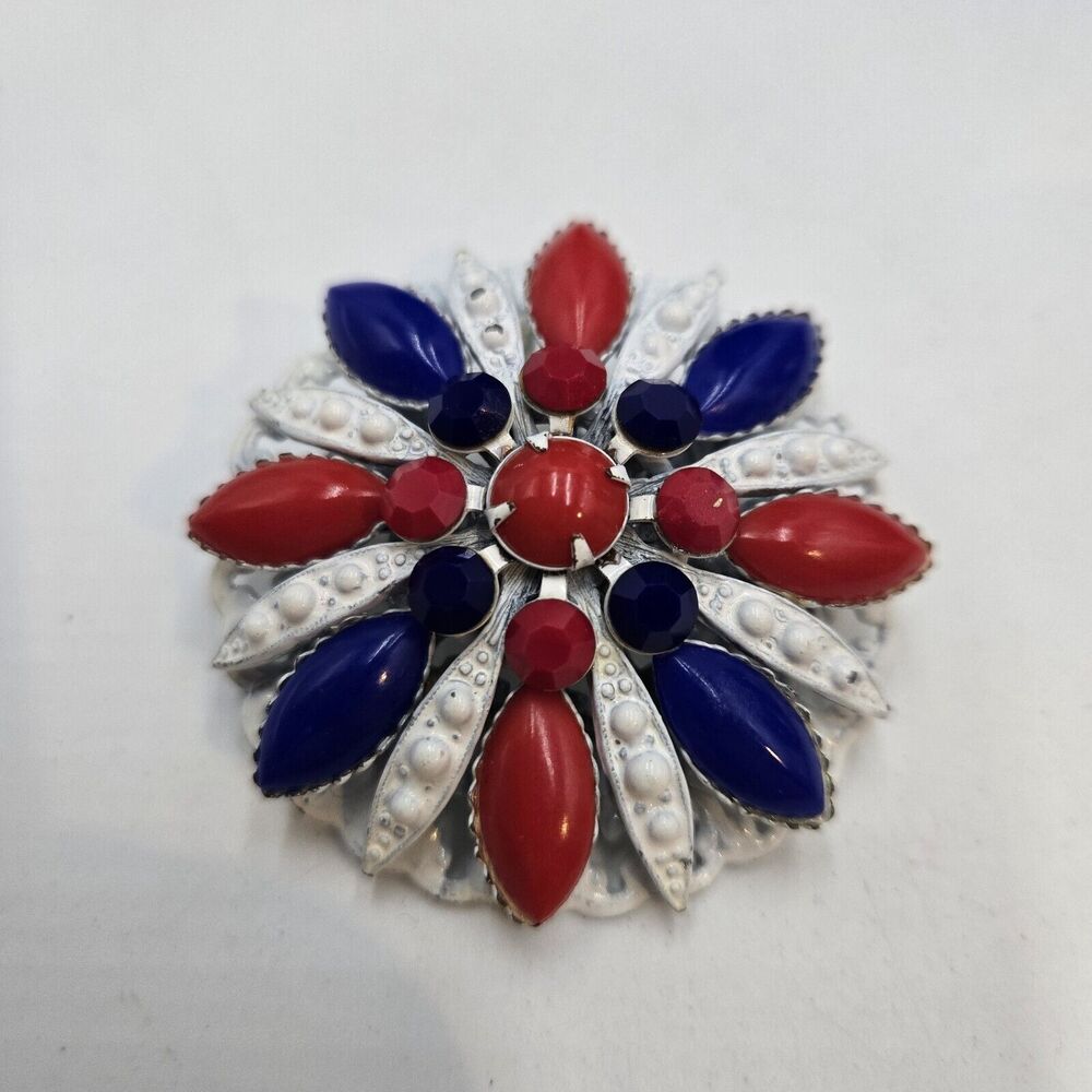 Vintage 1960's Red White Blue Enamel Japanned Patriotic Rhinestone Brooch